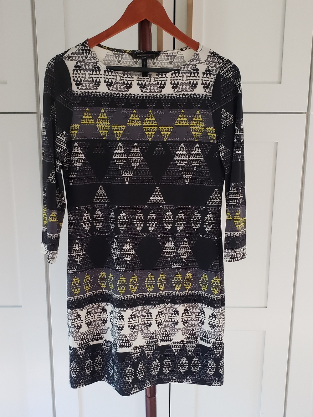 BCBGMaxAzria‎ Black & White Printed Mini Dress with Yellow Accents